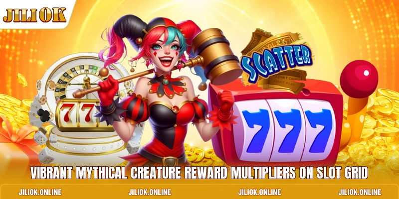 Vibrant mythical creature reward multipliers on slot grid